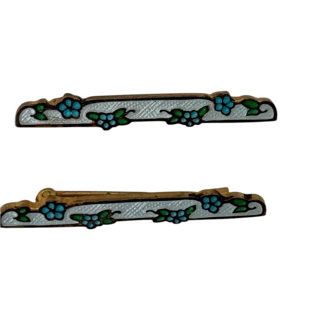 VINTAGE VICTORIAN GUILLOCHE CLOISONNÉ ENAMEL FLORAL BAR BROOCH PINS